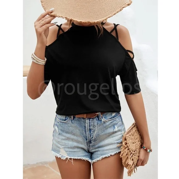 Black Strappy Short Sleeve Tee Shirt Top Cold Shoulder - Picture 6 of 7